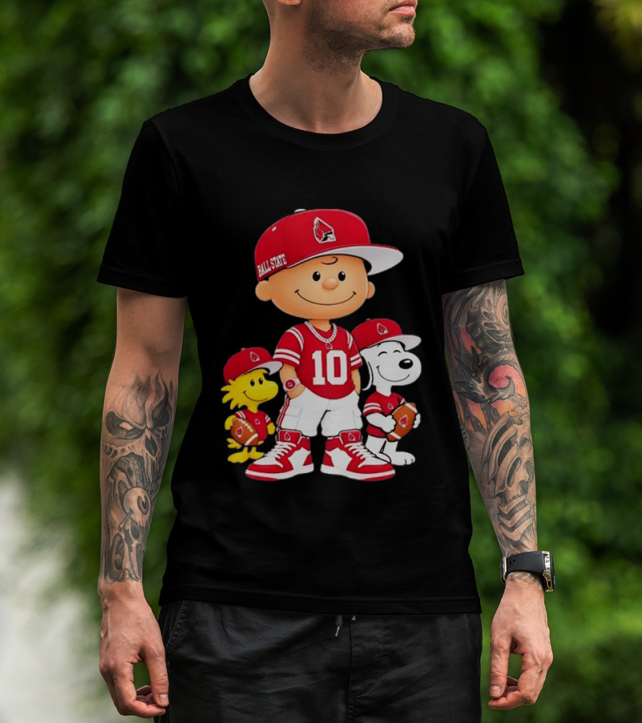Ball State Cardinals Charlie Brown Woodstock Snoopy Number 10 Football Fans T-Shirt