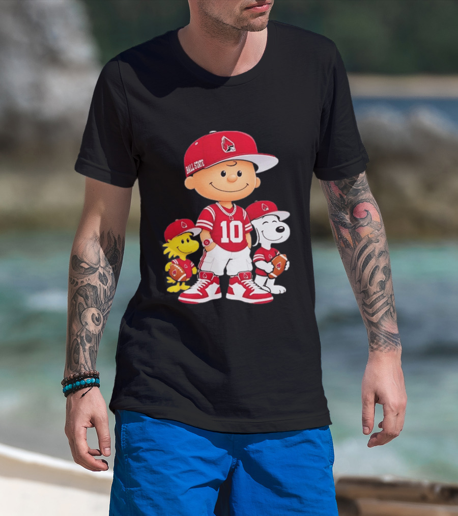 Ball State Cardinals Charlie Brown Woodstock Snoopy Number 10 Football Fans T-Shirt