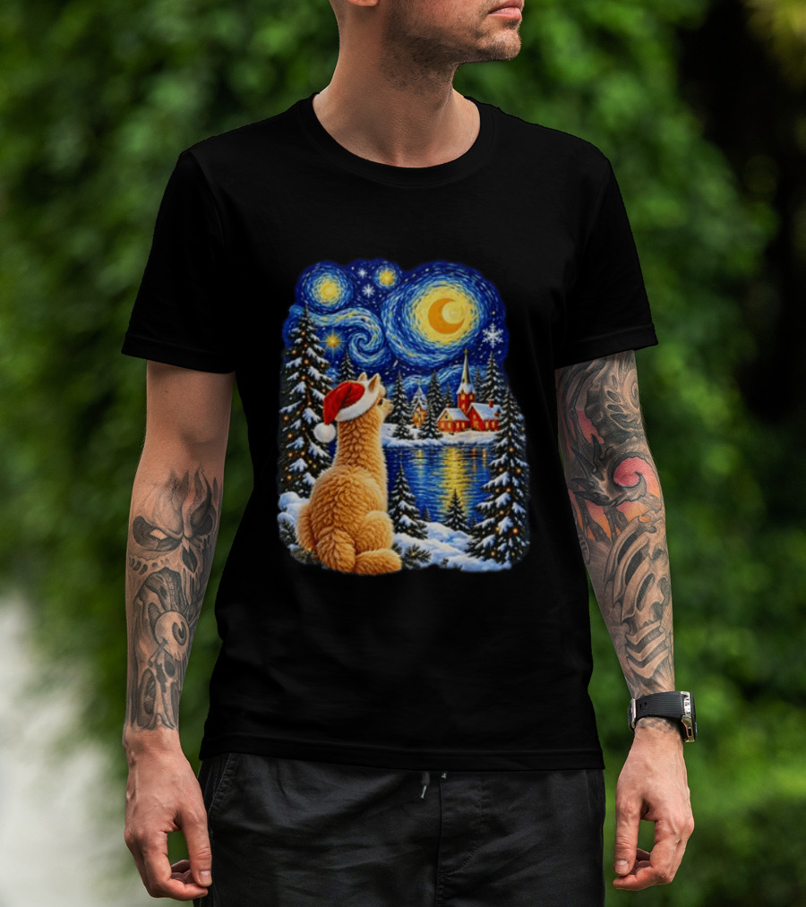 Llama Christmas Starry Night Holiday Van Gogh Style Winter Scene T-Shirt