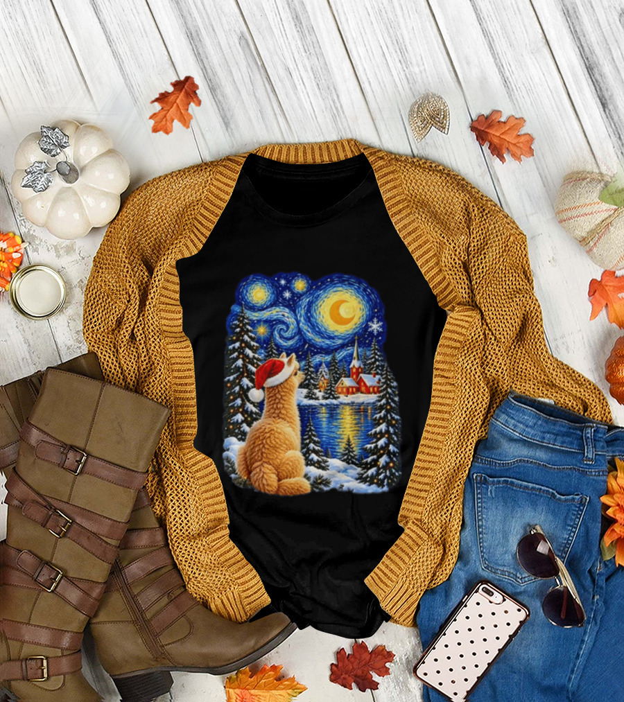 Llama Christmas Starry Night Holiday Van Gogh Style Winter Scene T-Shirt