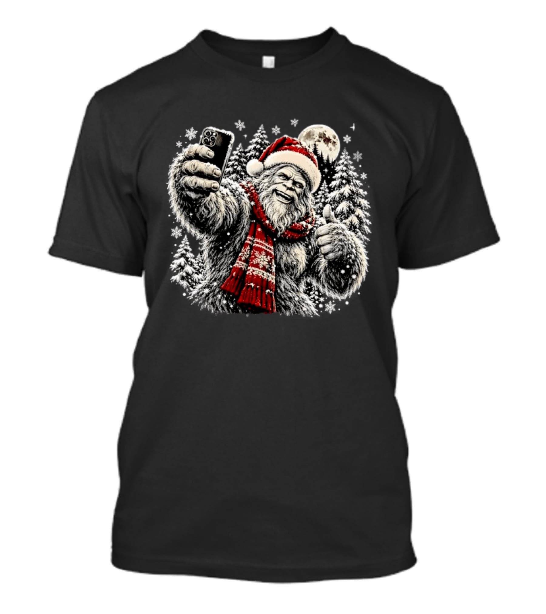 Bigfoot Santa Selfie Christmas Holiday Thumbs Up Snowy Forest T-Shirt