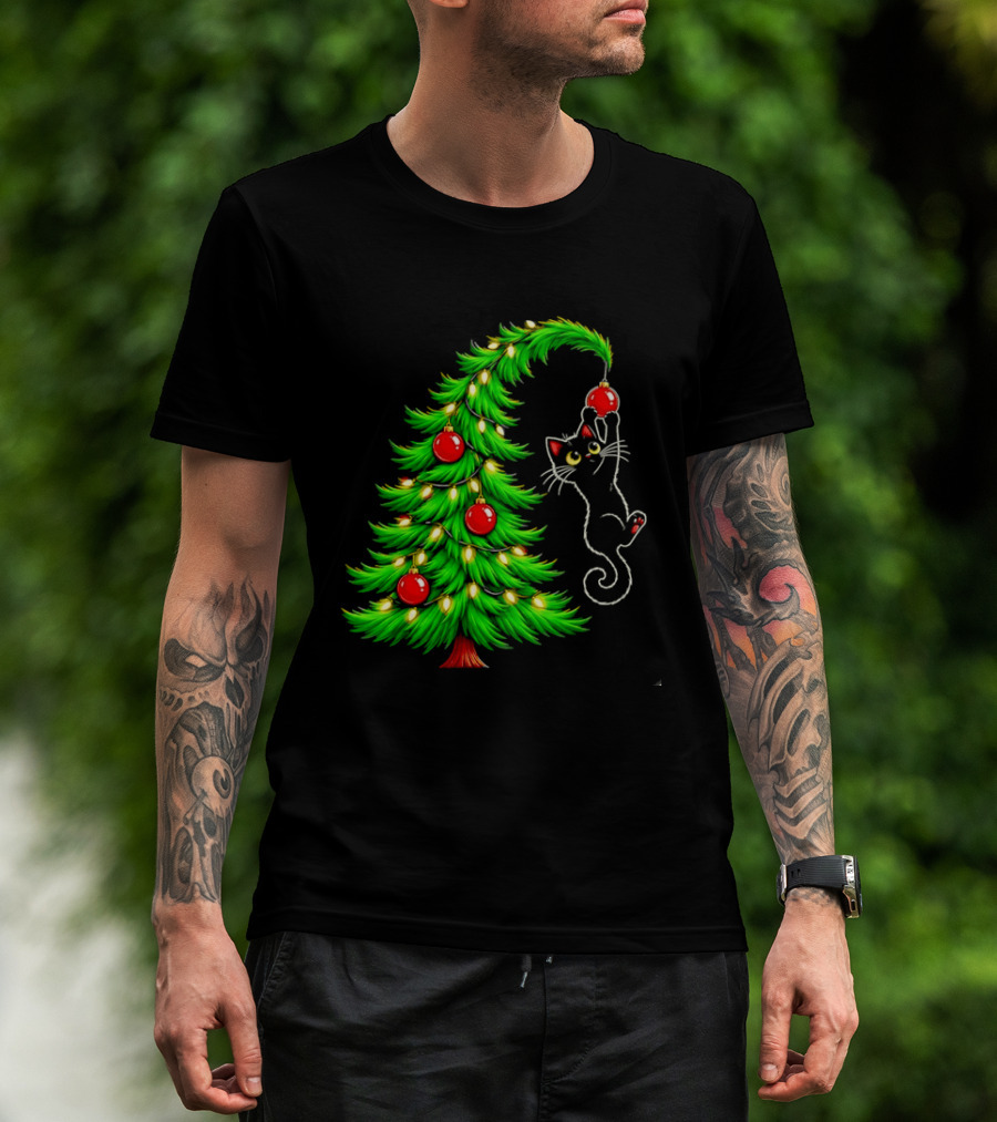 Black Cat Christmas Tree Ornament Holiday Festive Cats And Santa Hat T-Shirt