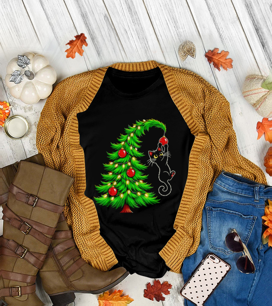 Black Cat Christmas Tree Ornament Holiday Festive Cats And Santa Hat T-Shirt