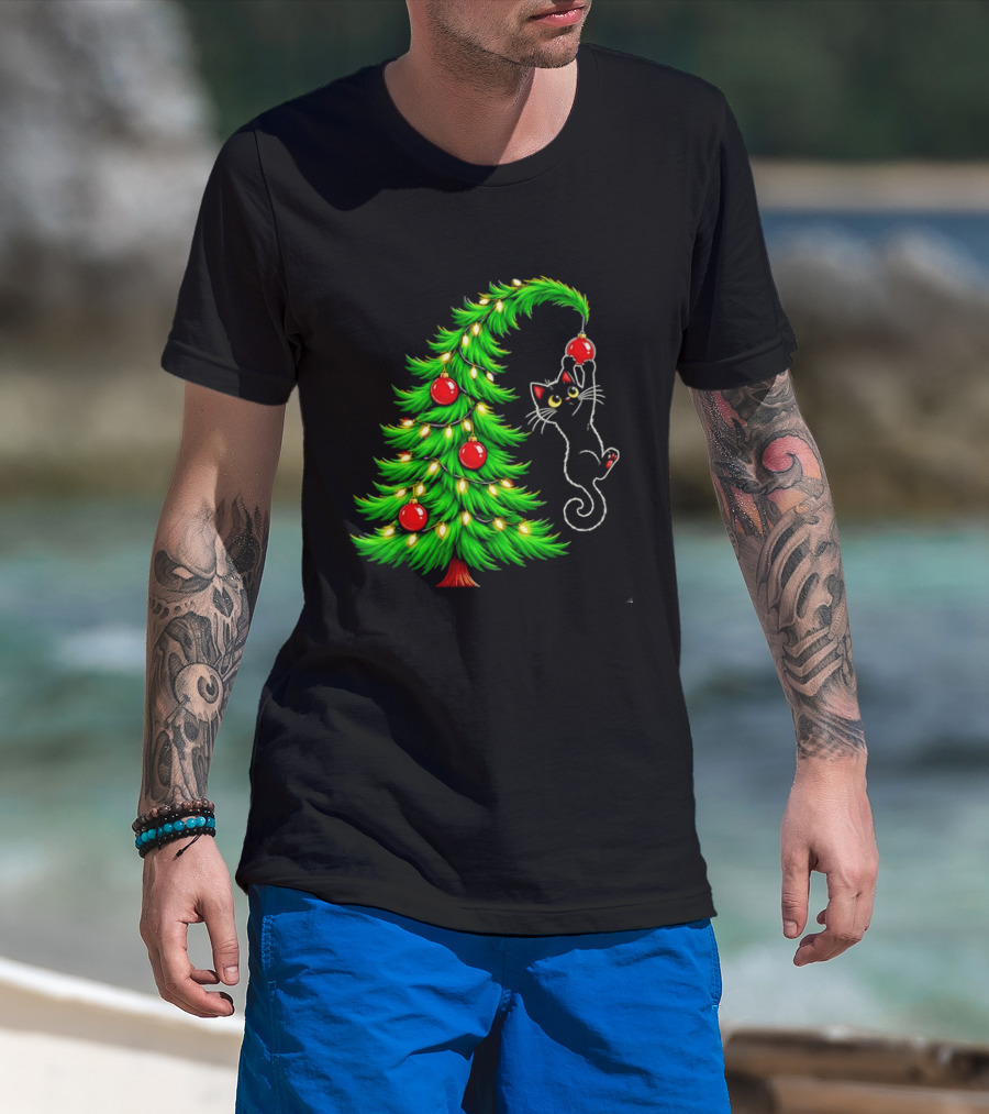 Black Cat Christmas Tree Ornament Holiday Festive Cats And Santa Hat T-Shirt