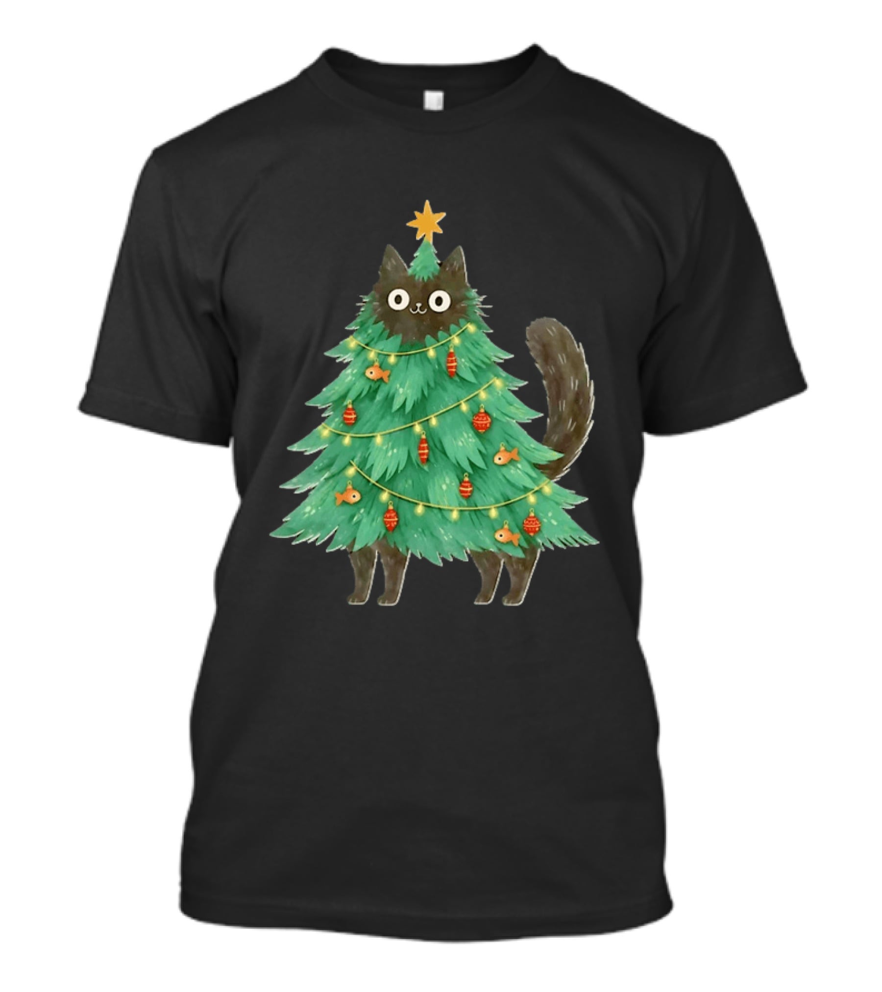 Black Cat Christmas Tree Holiday With Fish And Ornaments T-Shirt