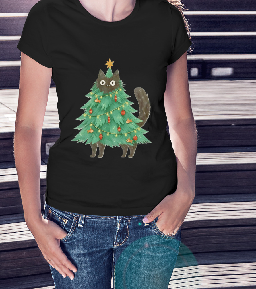 Black Cat Christmas Tree Holiday With Fish And Ornaments T-Shirt