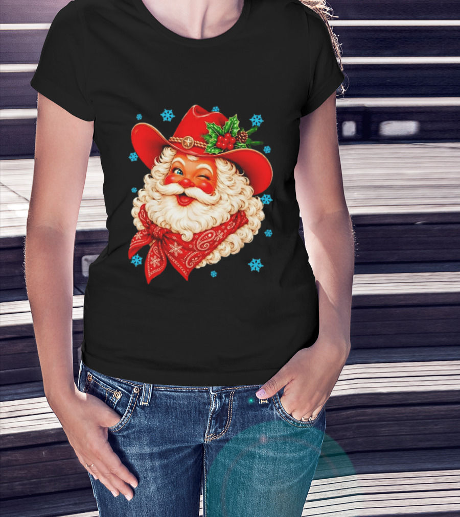 Cowboy Santa Claus With Red Hat And Bandana Christmas Holiday Winking T-Shirt