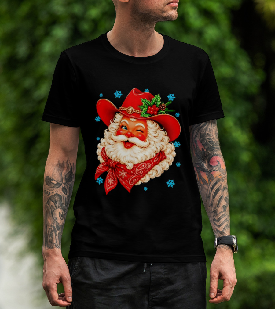 Cowboy Santa Claus With Red Hat And Bandana Christmas Holiday Winking T-Shirt