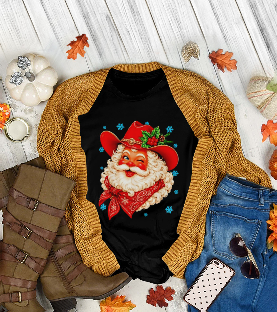 Cowboy Santa Claus With Red Hat And Bandana Christmas Holiday Winking T-Shirt