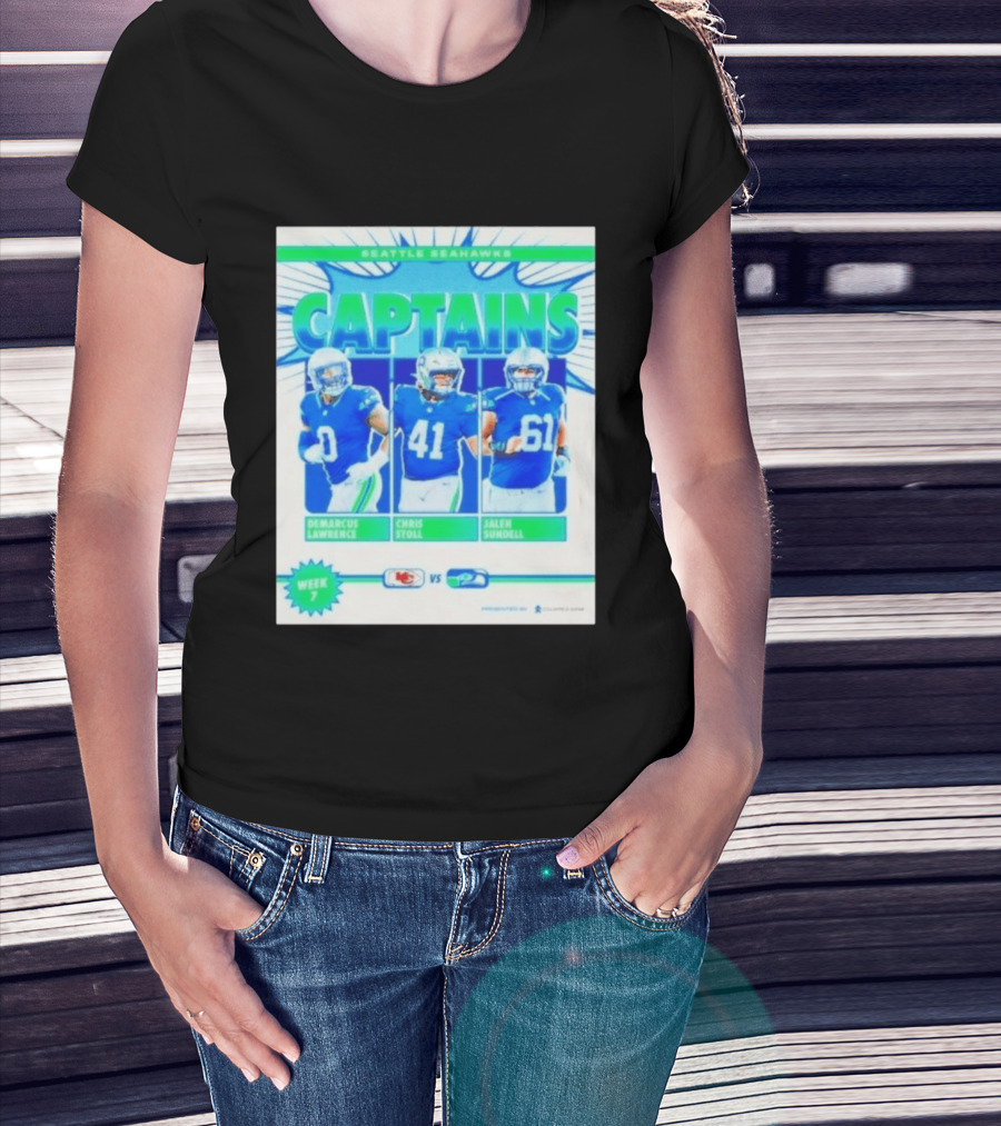 Seattle Seahawks Captains Demarcus Lawrence Chris Stoll Jalen Sundell Week 7 Football Matchup Chiefs Vs Seahawks T-Shirt