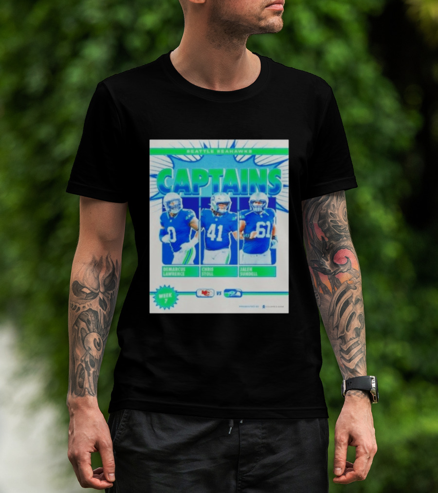 Seattle Seahawks Captains Demarcus Lawrence Chris Stoll Jalen Sundell Week 7 Football Matchup Chiefs Vs Seahawks T-Shirt