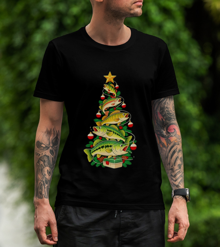 Fishing Christmas Tree Holiday Bass Ornaments And Star Topper T-Shirt