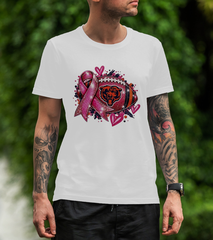 Chicago Bears Breast Cancer Awareness Pink Ribbon Football Hearts T-Shirt