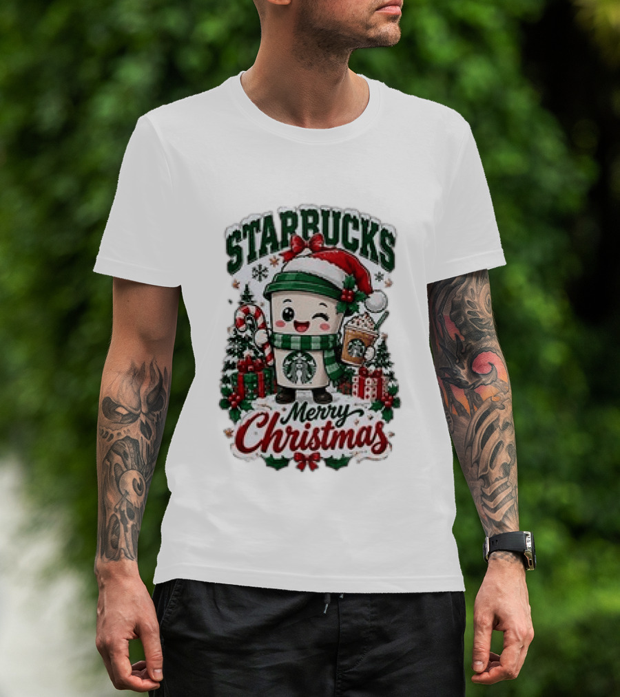 Starbucks Merry Christmas Cute Holiday Coffee Cup Santa Hat Candy Cane Presents T-Shirt