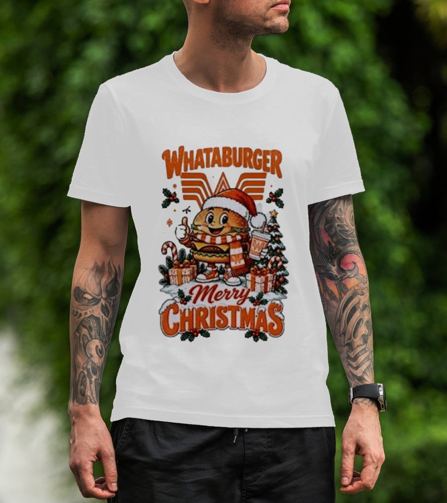 Whataburger Merry Christmas Festive Holiday Burger Santa With Gifts And Drink T-Shirt