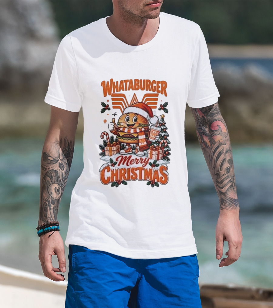 Whataburger Merry Christmas Festive Holiday Burger Santa With Gifts And Drink T-Shirt