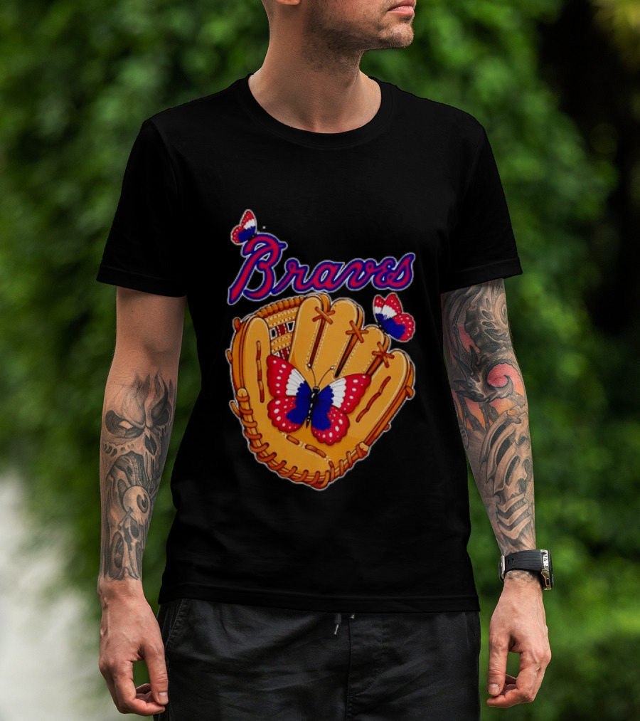 Braves Baseball Glove With Red White Blue Butterflies T-Shirt