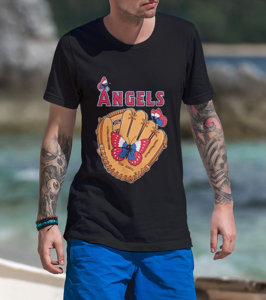 Los Angeles Angels Baseball Glove Butterflies T-Shirt