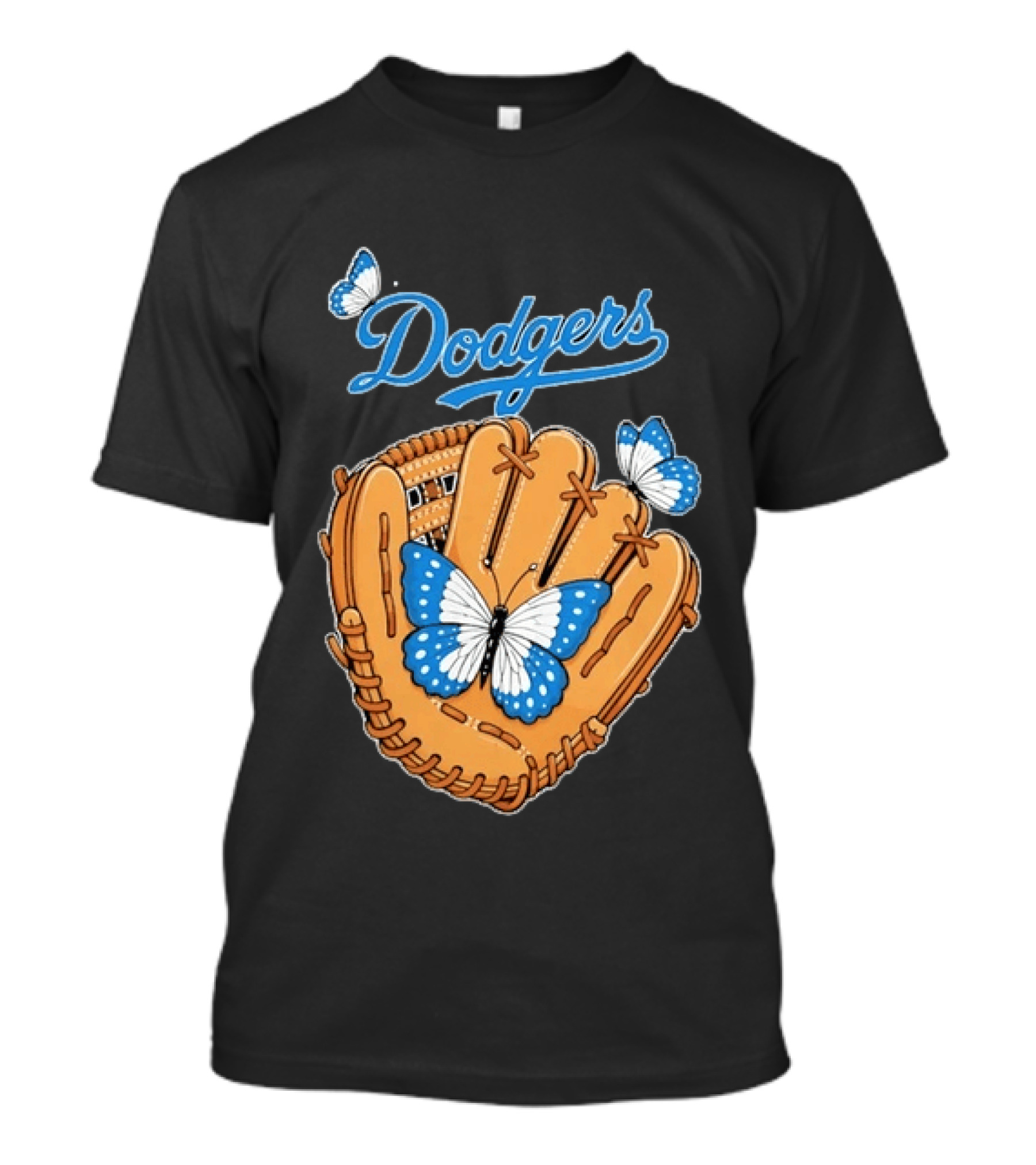 Dodgers Baseball Glove With Blue Butterflies T-Shirt