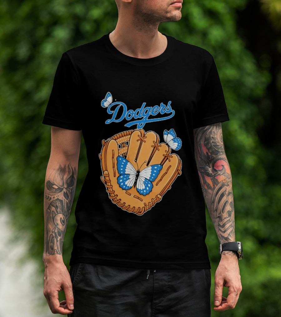 Dodgers Baseball Glove With Blue Butterflies T-Shirt