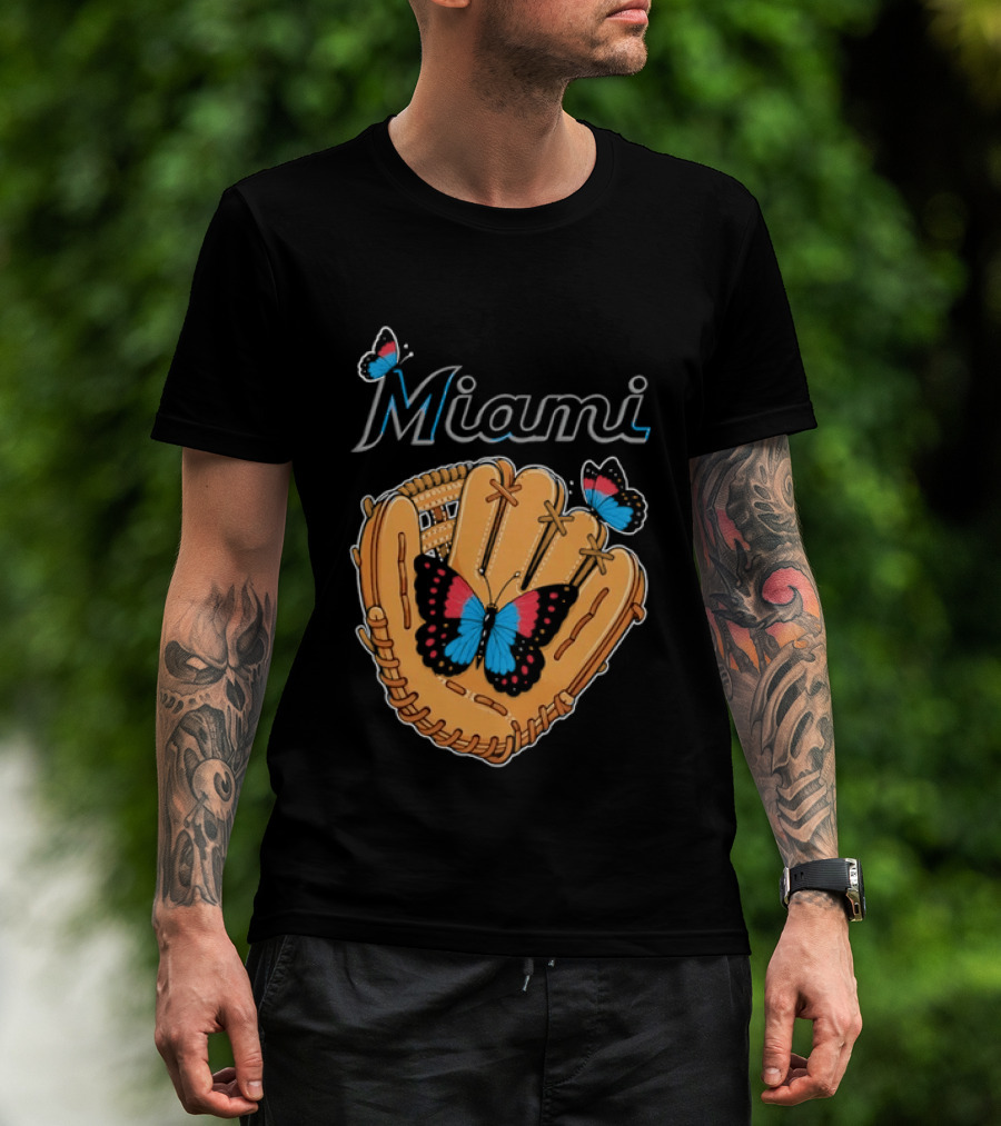 Miami Baseball Glove Butterflies Vibrant Sports T-Shirt