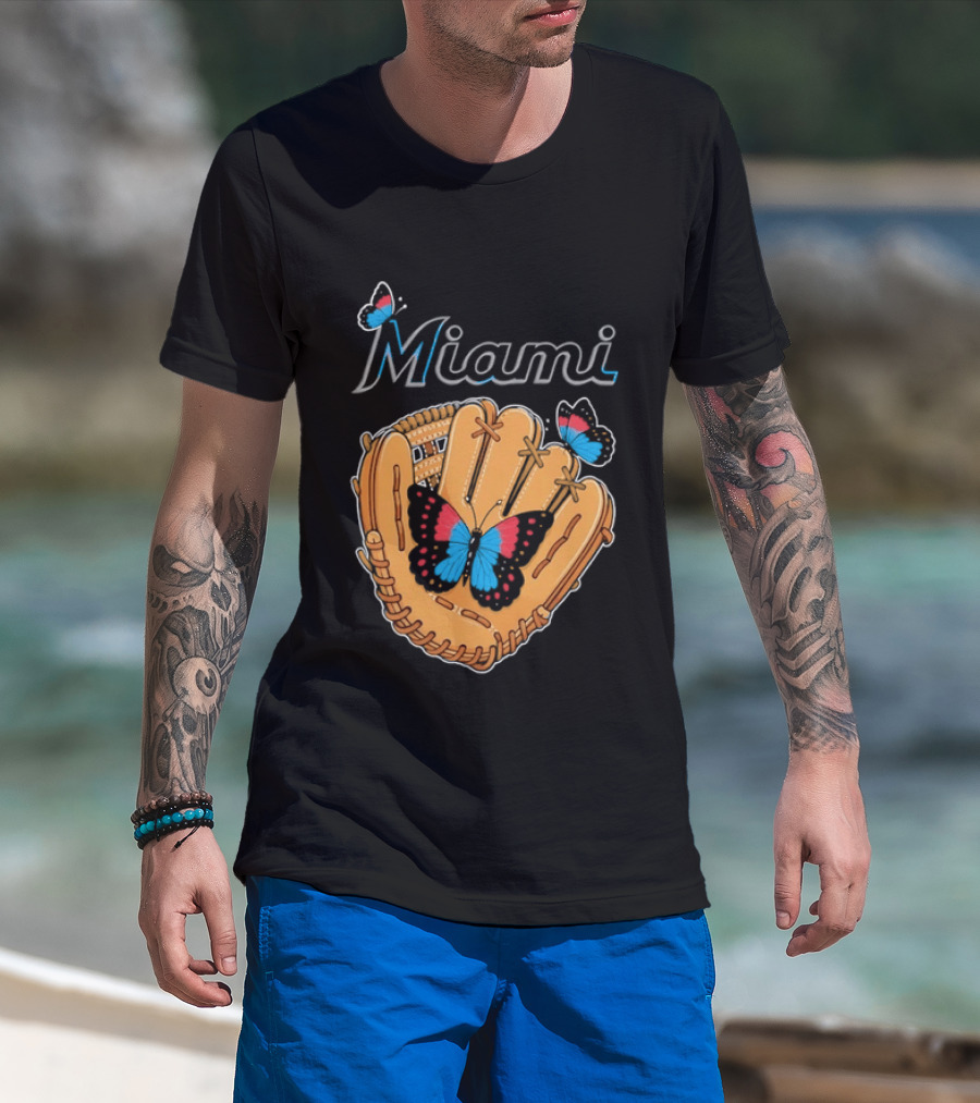 Miami Baseball Glove Butterflies Vibrant Sports T-Shirt