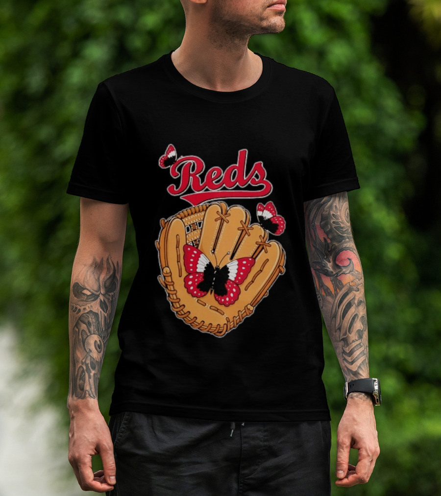 Cincinnati Reds Baseball Glove Butterflies T-Shirt