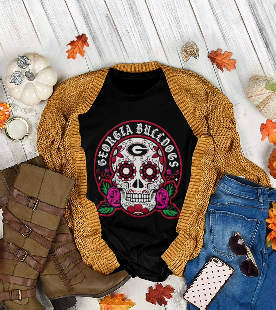 Georgia Bulldogs Sugar Skull El Dia De Los Muertos Football T-Shirt