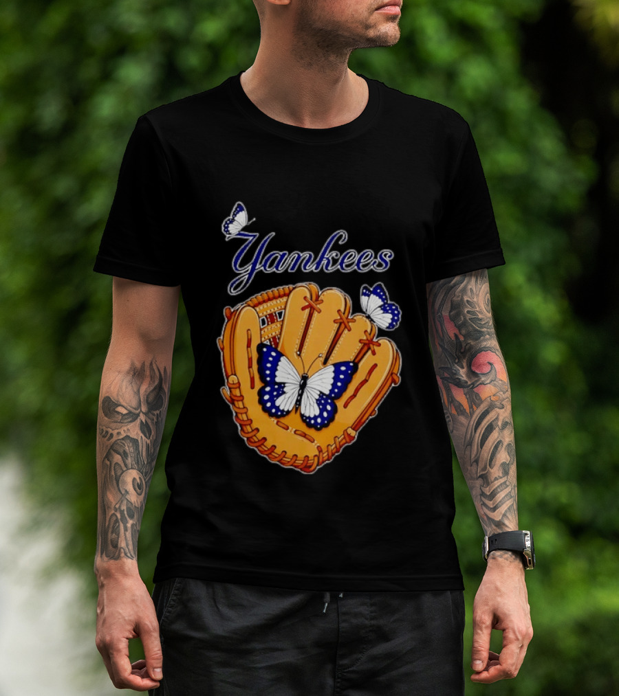 Yankees Baseball Glove With Blue And White Butterflies T-Shirt
