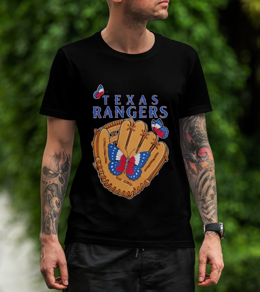 Texas Rangers Baseball Glove Butterflies T-Shirt