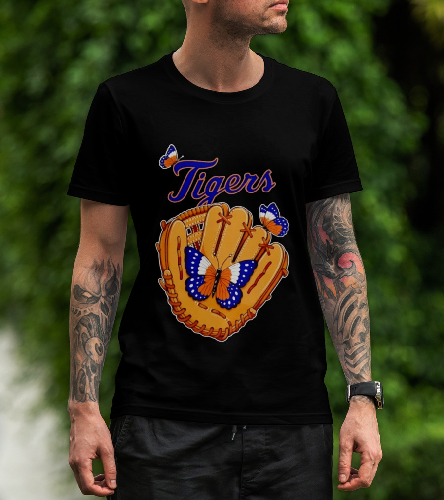 Tigers Baseball Glove Butterflies T-Shirt
