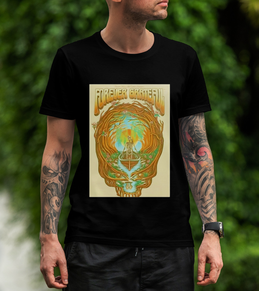 Forever Grateful Haight Street Art Center Skull Tree Skeleton Rowboat Scene T-Shirt