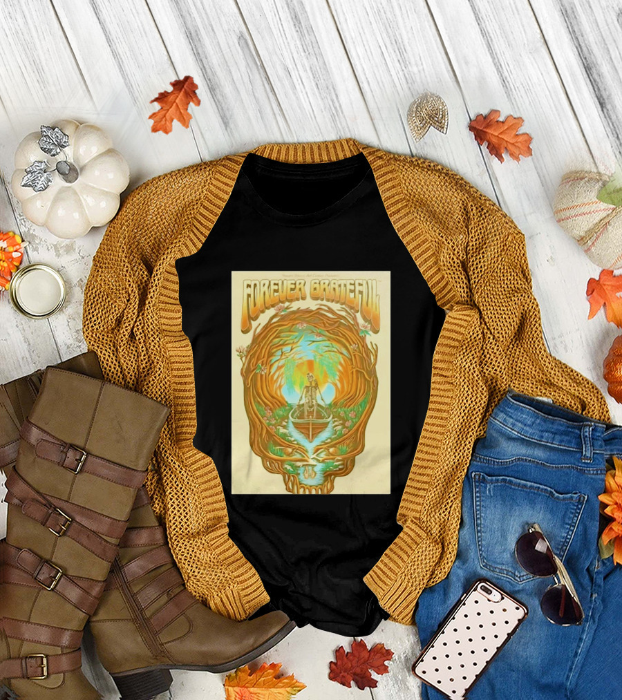 Forever Grateful Haight Street Art Center Skull Tree Skeleton Rowboat Scene T-Shirt
