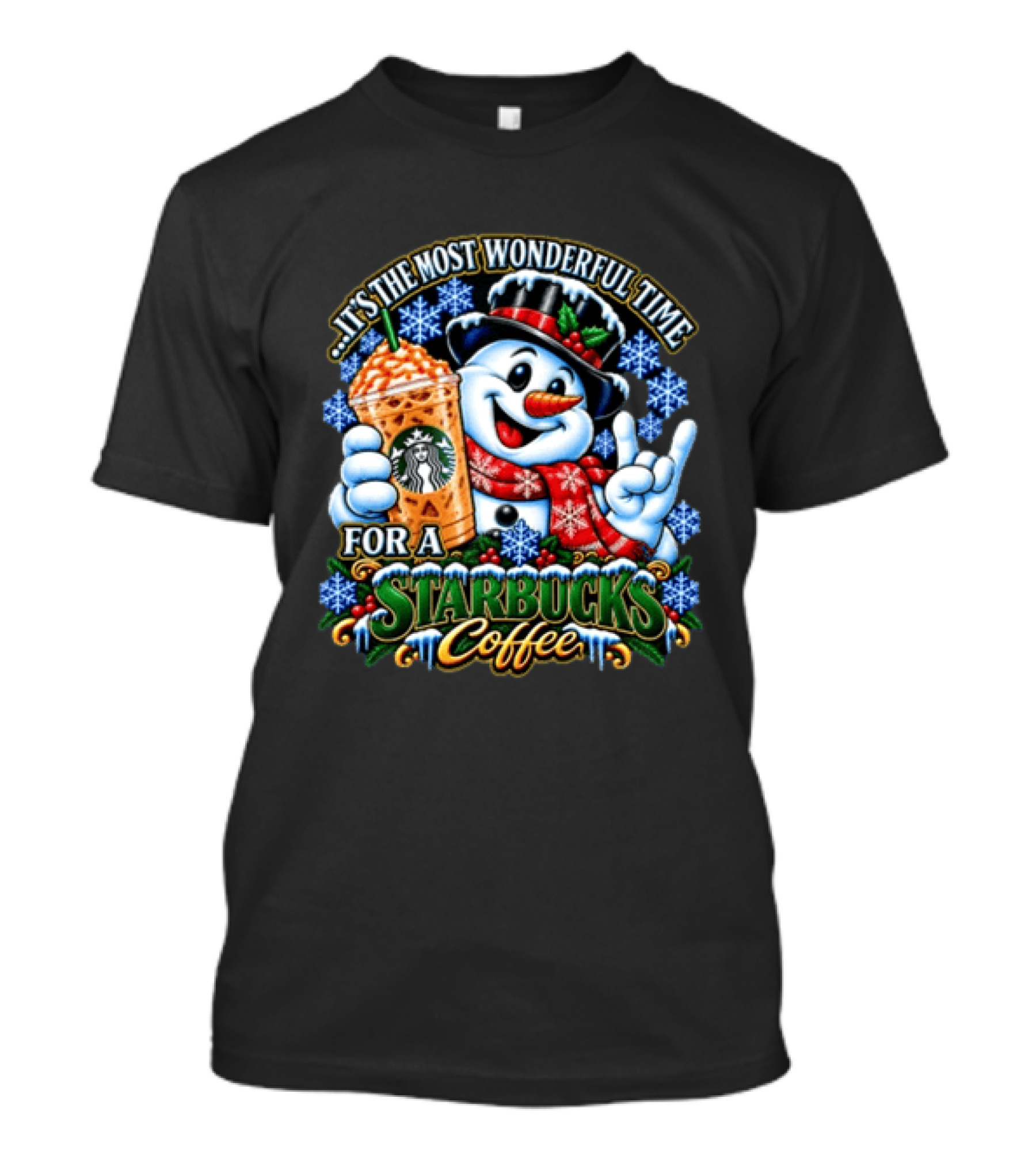 Snowman Holding Starbucks Coffee Joyful Winter Holiday Season T-Shirt