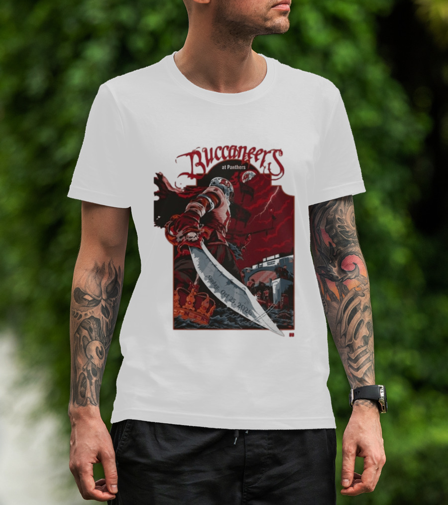 Buccaneers At Panthers Sunday Oct 25 2026 Buccaneer With Sword Stormy Stadium Scene T-Shirt