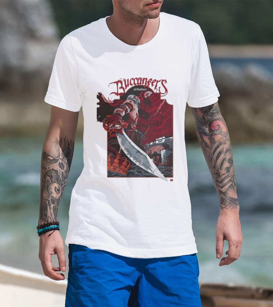 Buccaneers At Panthers Sunday Oct 25 2026 Buccaneer With Sword Stormy Stadium Scene T-Shirt