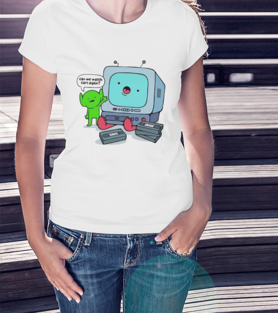 Can We Cars Again Cartoon With Vintage VHS Tapes Featuring Green Creature And Retro TV T-Shirt