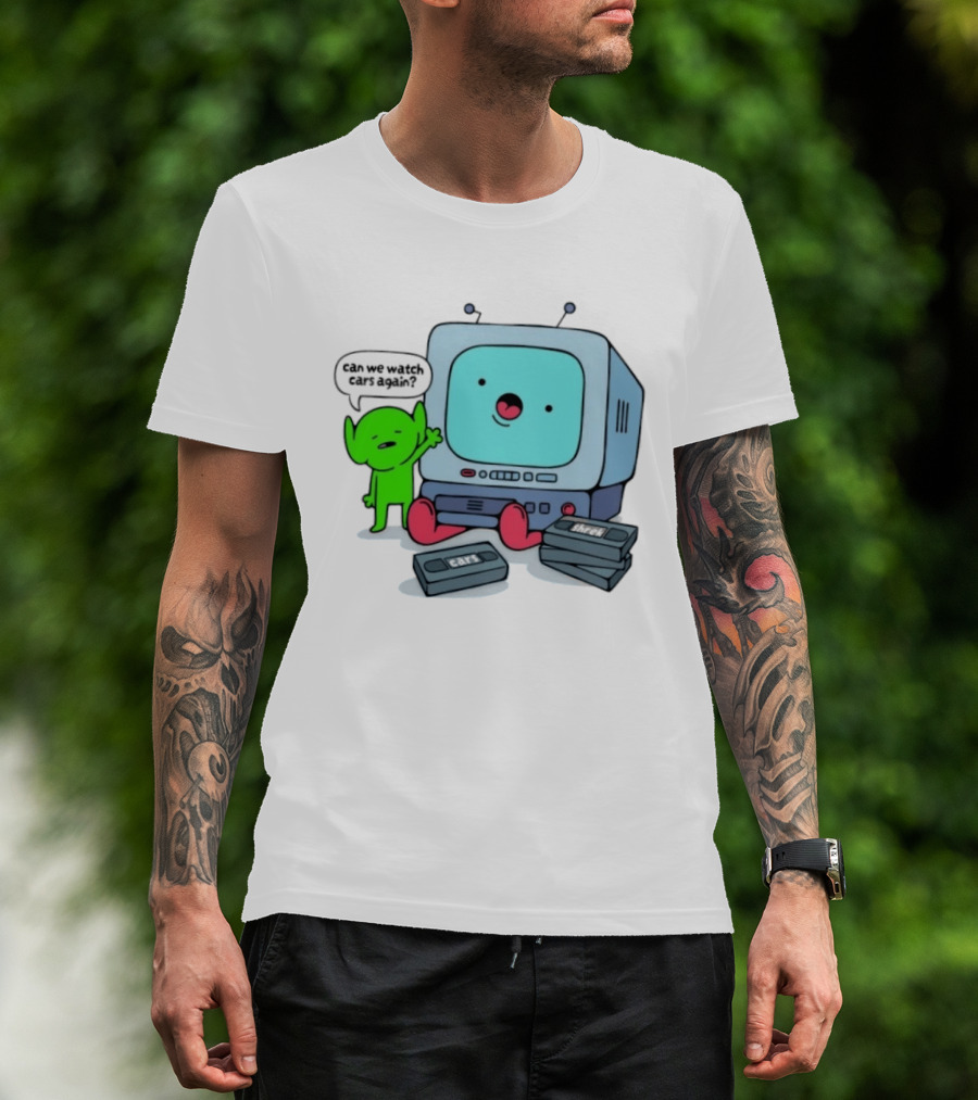 Can We Cars Again Cartoon With Vintage VHS Tapes Featuring Green Creature And Retro TV T-Shirt