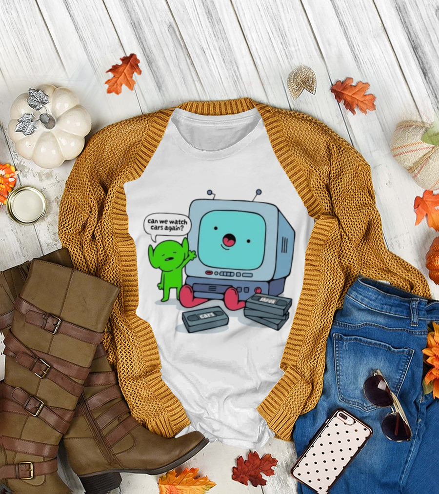 Can We Cars Again Cartoon With Vintage VHS Tapes Featuring Green Creature And Retro TV T-Shirt