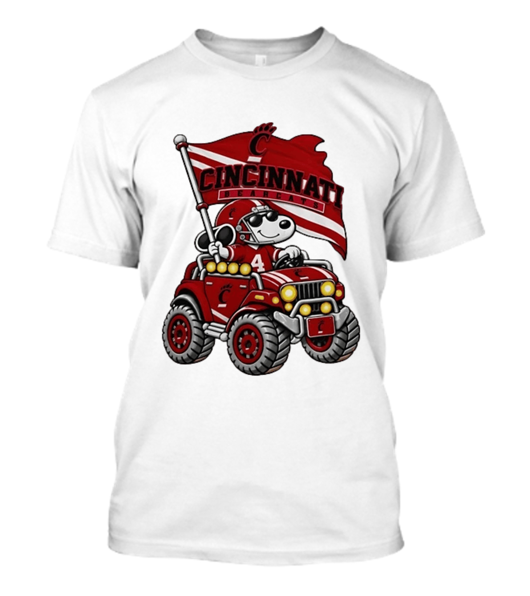 Cincinnati Bearcats Snoopy In Jeep Holding Flag Football T-Shirt