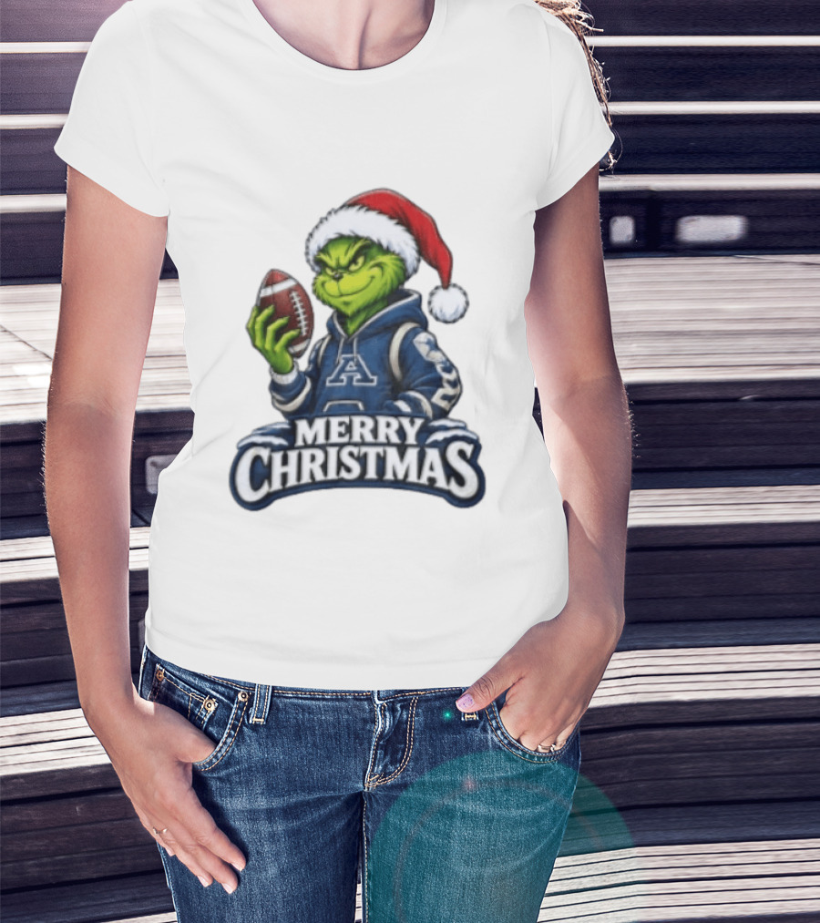 Merry Christmas Grinch Holding Football Santa Hat T-Shirt