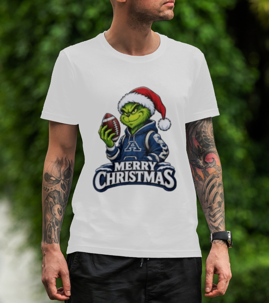 Merry Christmas Grinch Holding Football Santa Hat T-Shirt