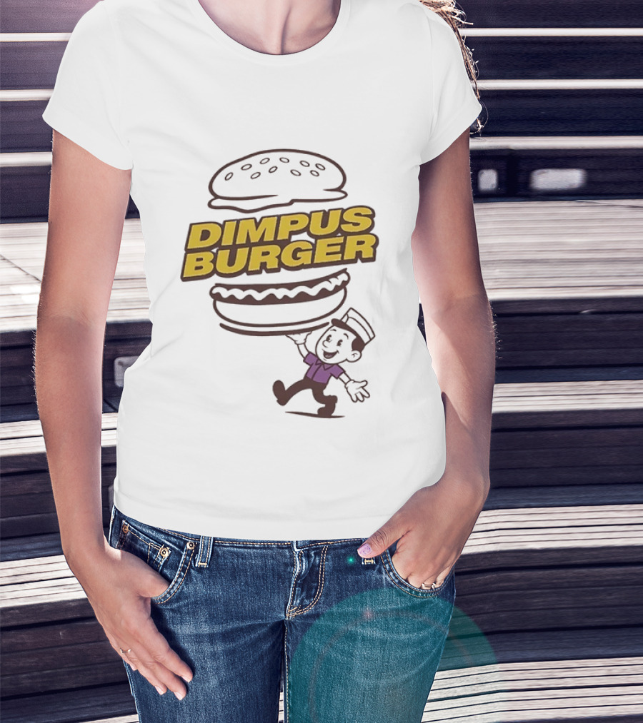 Dimpus Burger Fast Food Cartoon Mascot Balancing Burger T-Shirt