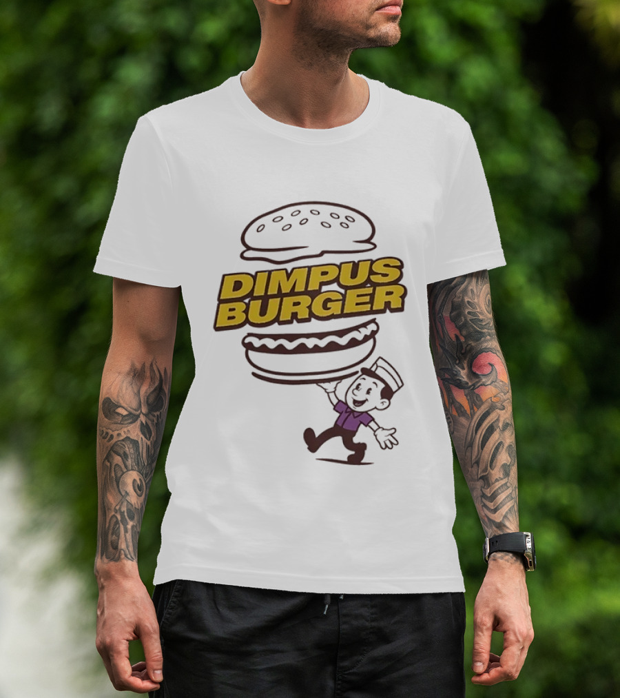 Dimpus Burger Fast Food Cartoon Mascot Balancing Burger T-Shirt