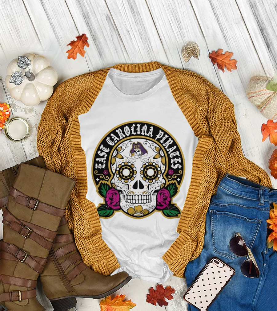 East Carolina Pirates ECU Skeleton Sugar Skull Dia De Los Muertos T-Shirt