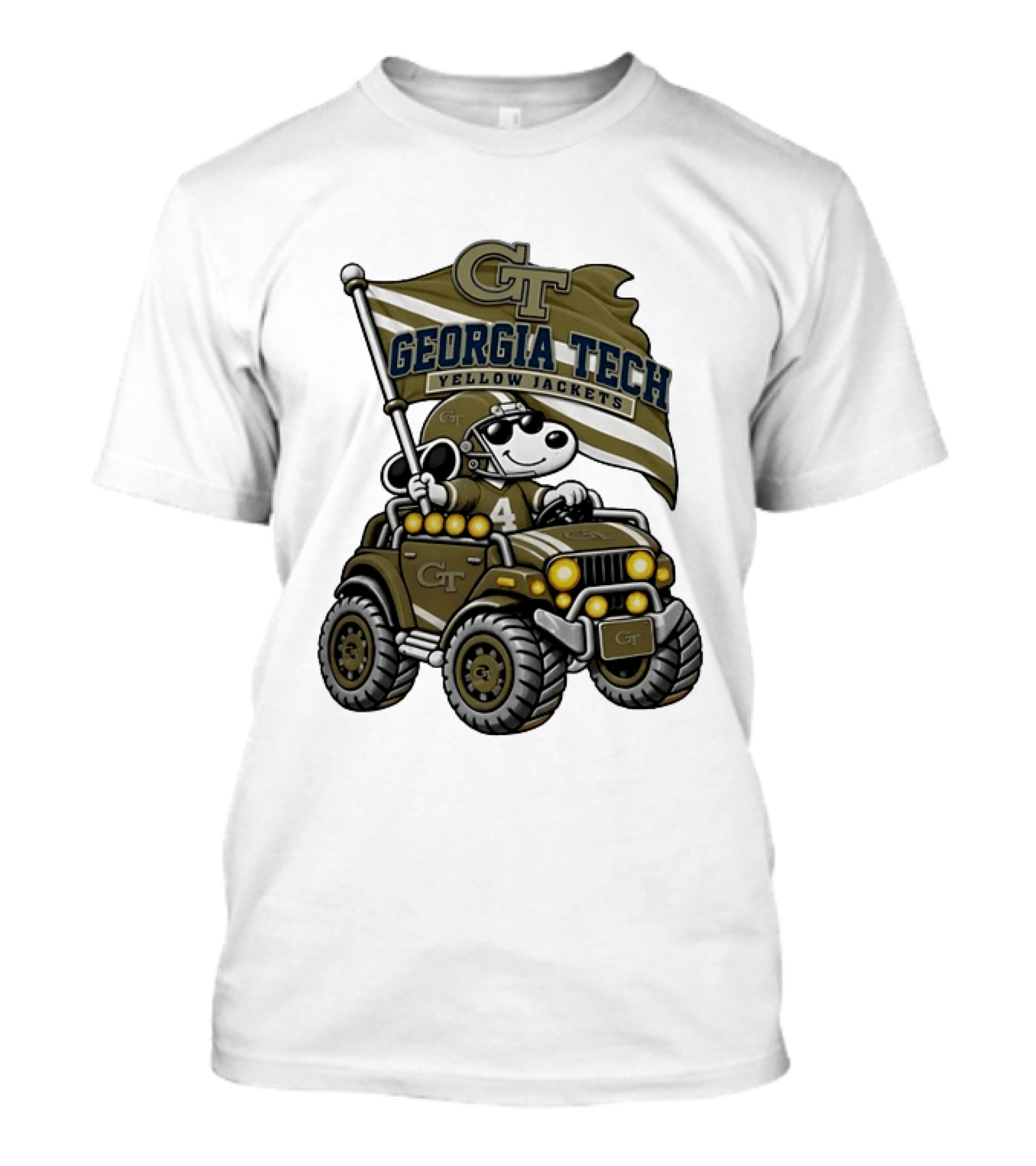 Georgia Tech Yellow Jackets Snoopy Driving Jeep With Flag Football T-Shirt