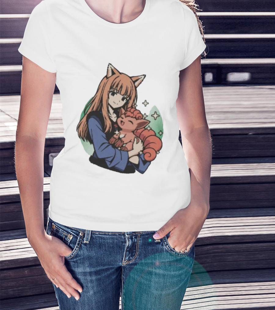 Holo Embracing Vulpix Crossover From Spice And Wolf And Pokemon T-Shirt