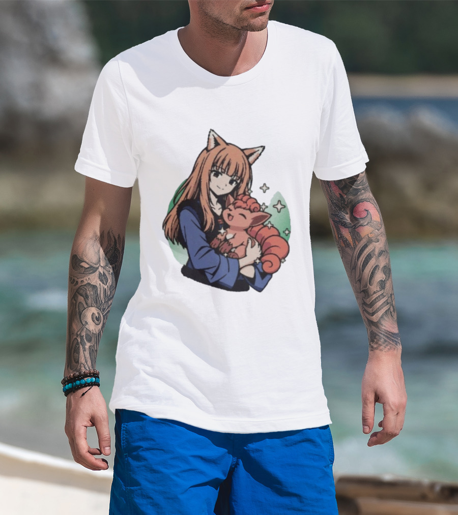 Holo Embracing Vulpix Crossover From Spice And Wolf And Pokemon T-Shirt
