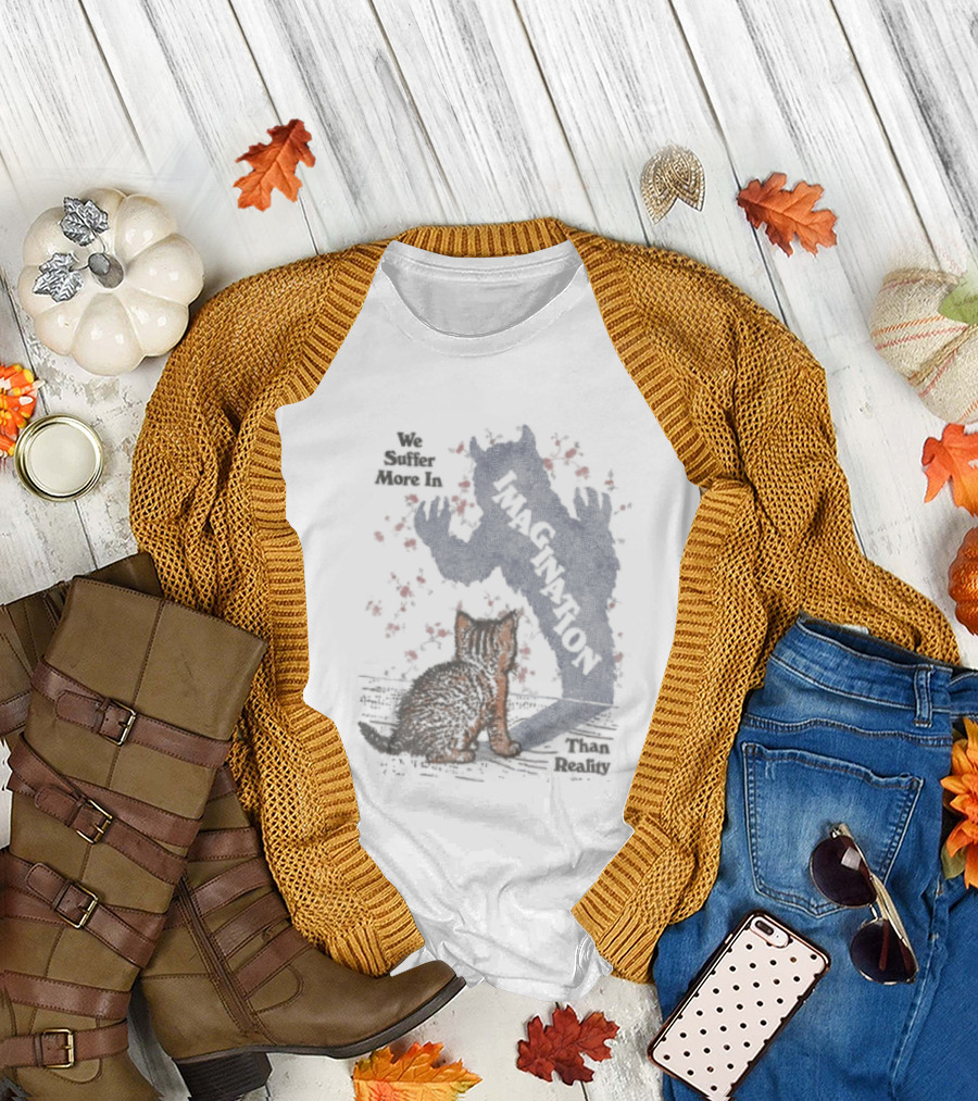 We Suffer More In Imagination Than Reality Kitten Shadow With Red Butterflies T-Shirt