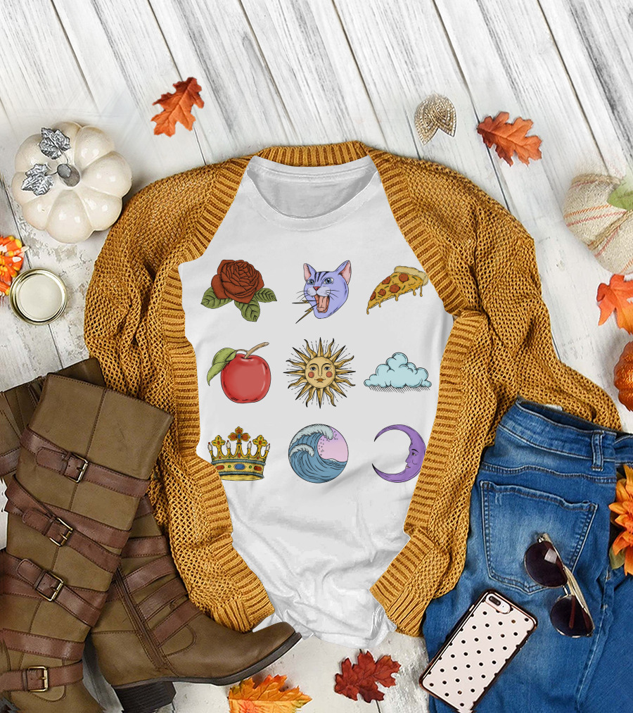 Rose Cat Pizza Apple Sun Cloud Crown Wave Moon T-Shirt